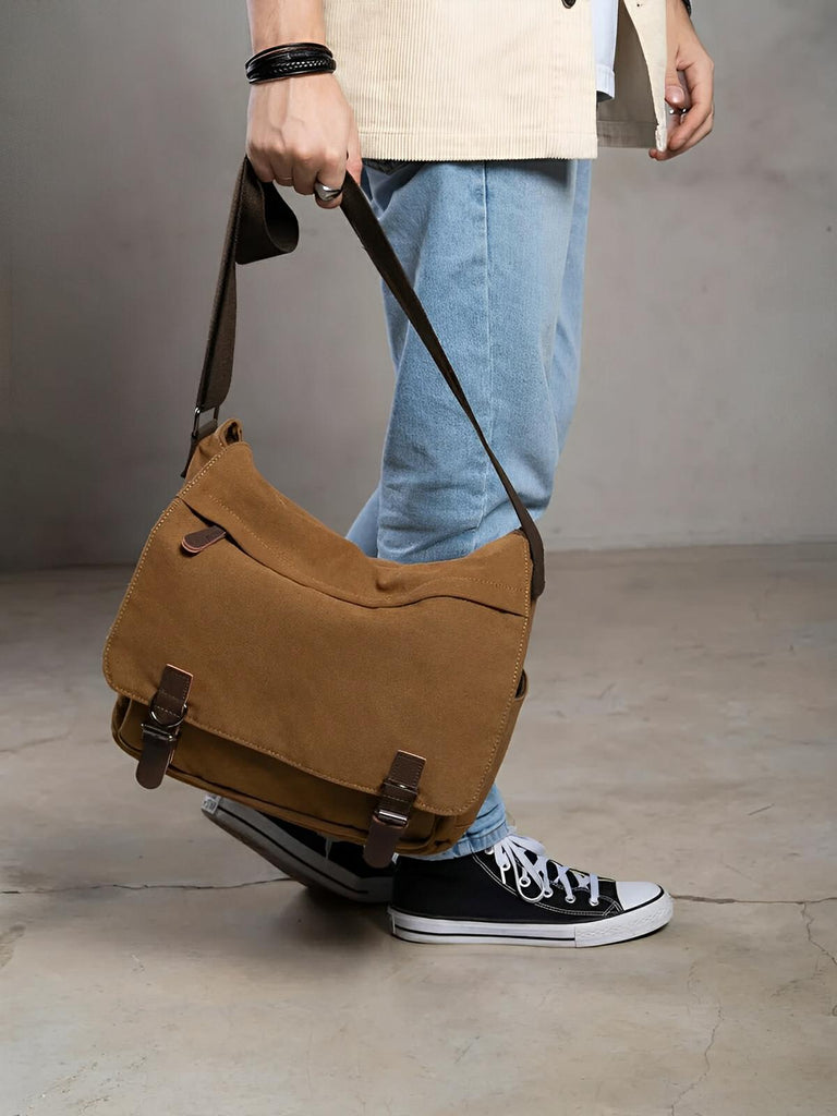 Sac messager en toile, au style rétro, poches multiples et fermeture sécurisée, modèle Donatien - Sac Bandoulière - Marron