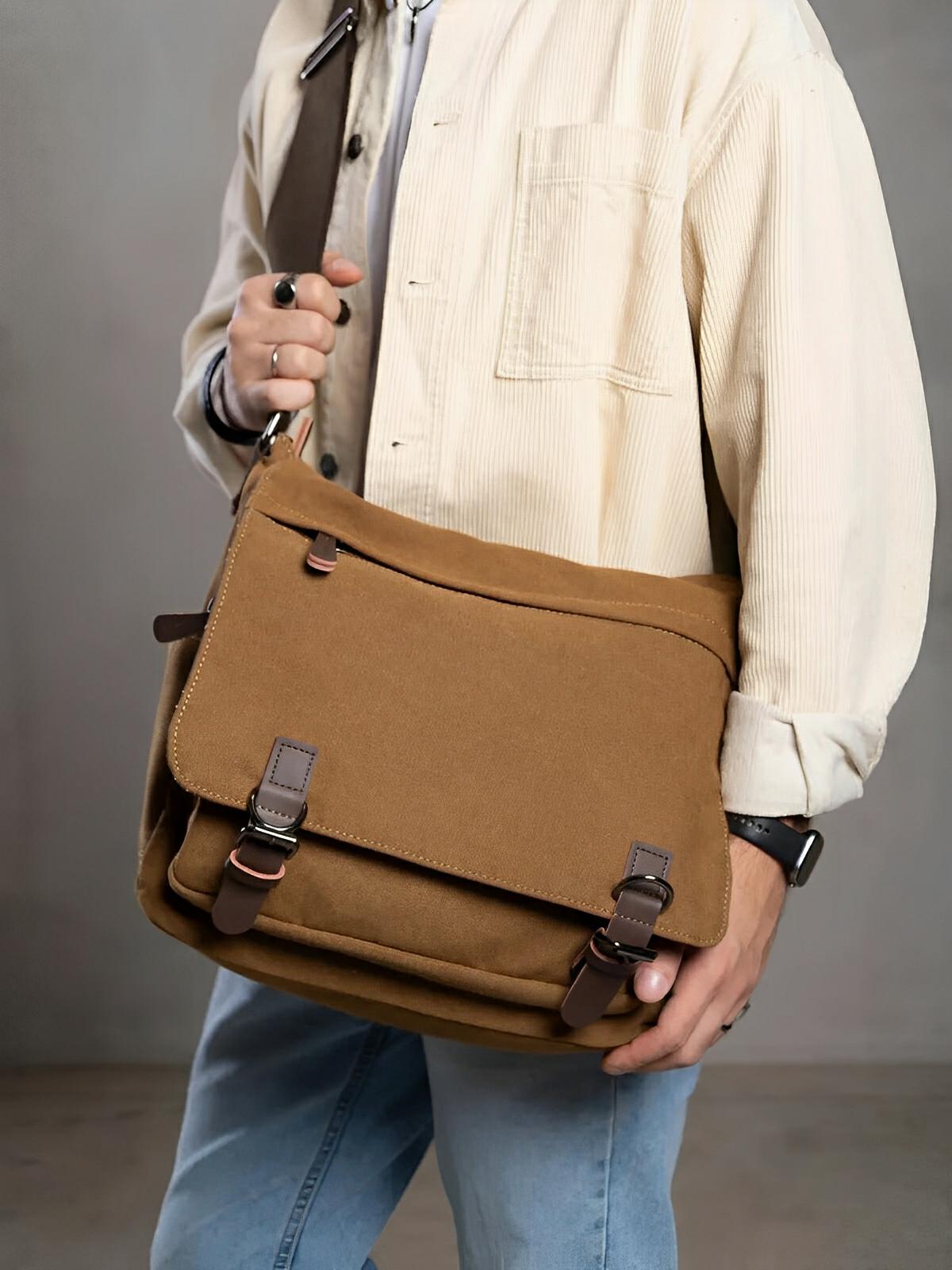 Sac messager en toile, au style rétro, poches multiples et fermeture sécurisée, modèle Donatien - Sac Bandoulière - Marron