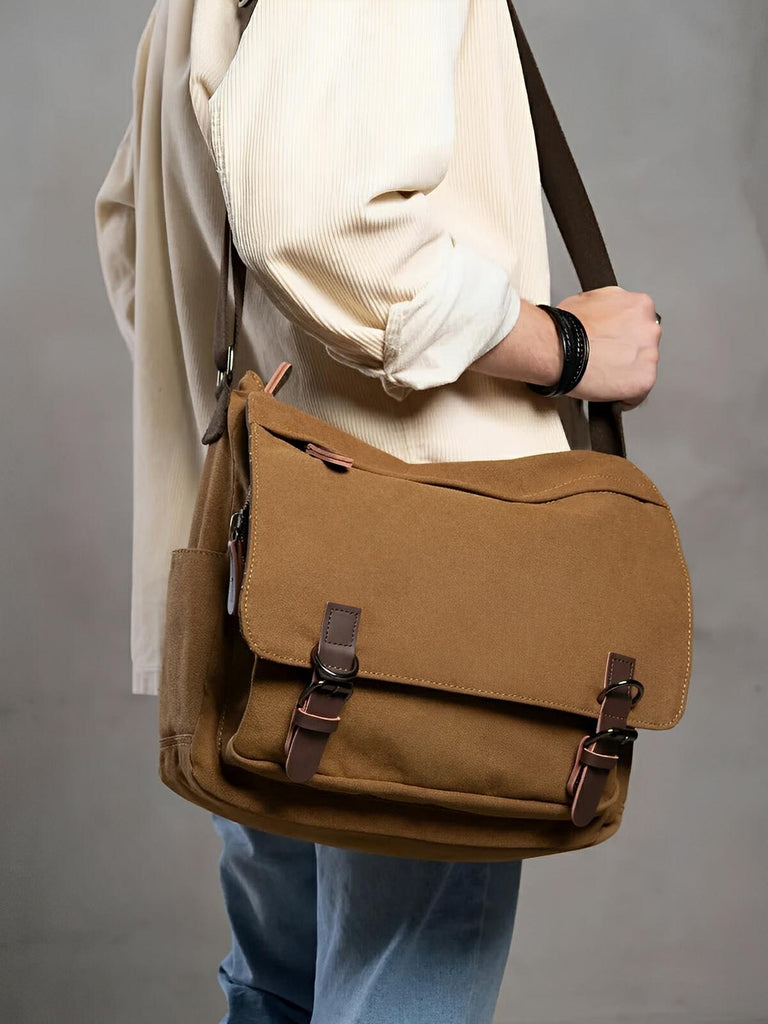 Sac messager en toile, au style rétro, poches multiples et fermeture sécurisée, modèle Donatien - Sac Bandoulière - Marron