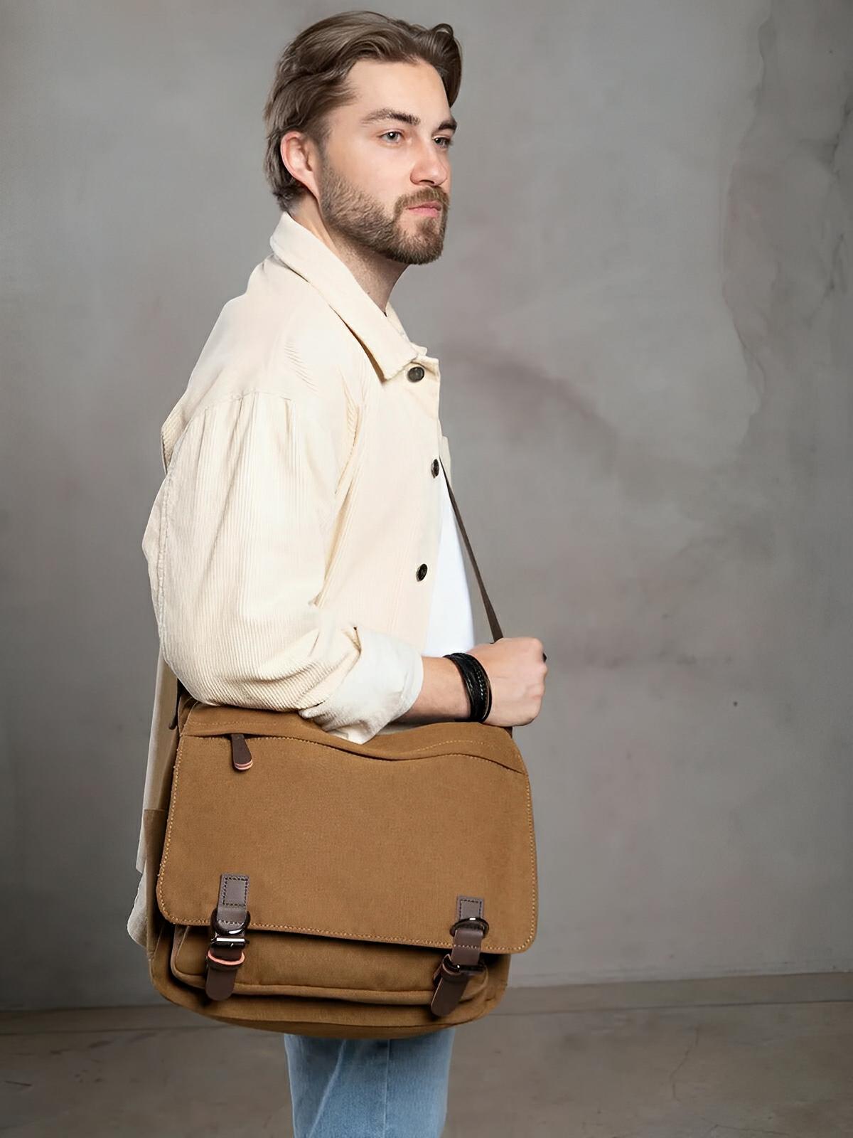 Sac messager en toile, au style rétro, poches multiples et fermeture sécurisée, modèle Donatien - Sac Bandoulière - Marron