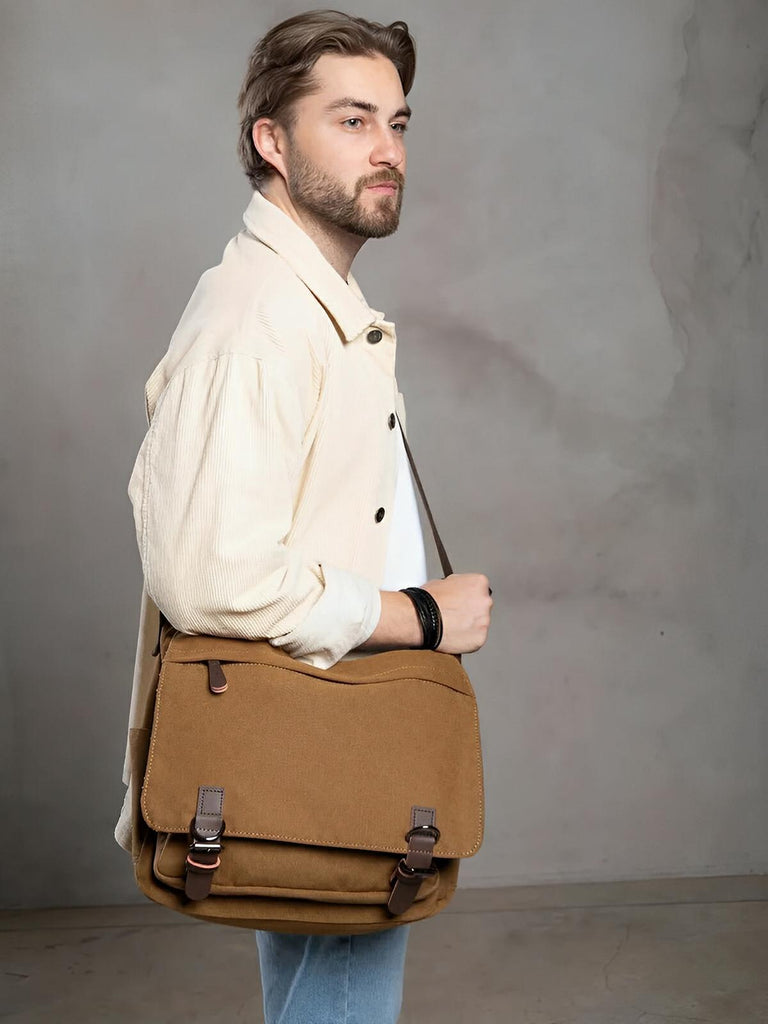 Sac messager en toile, au style rétro, poches multiples et fermeture sécurisée, modèle Donatien - Sac Bandoulière - Marron