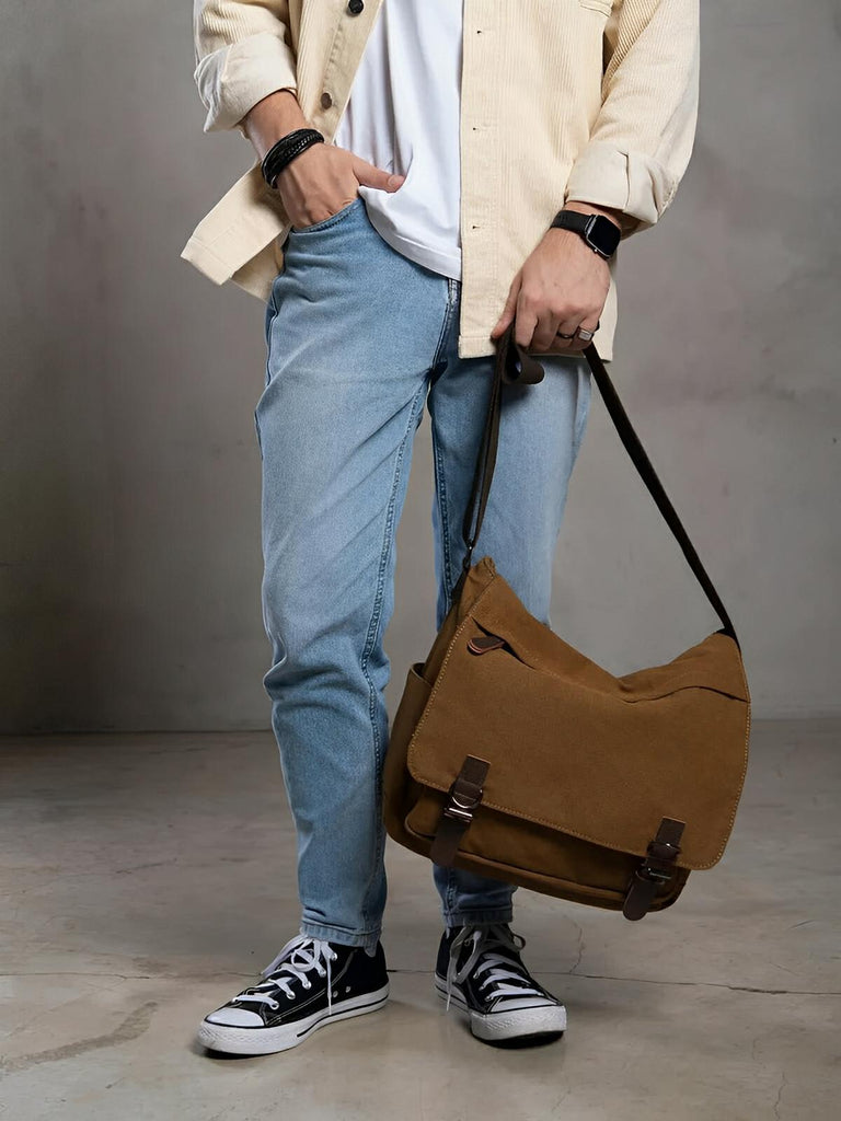 Sac messager en toile, au style rétro, poches multiples et fermeture sécurisée, modèle Donatien - Sac Bandoulière - Marron