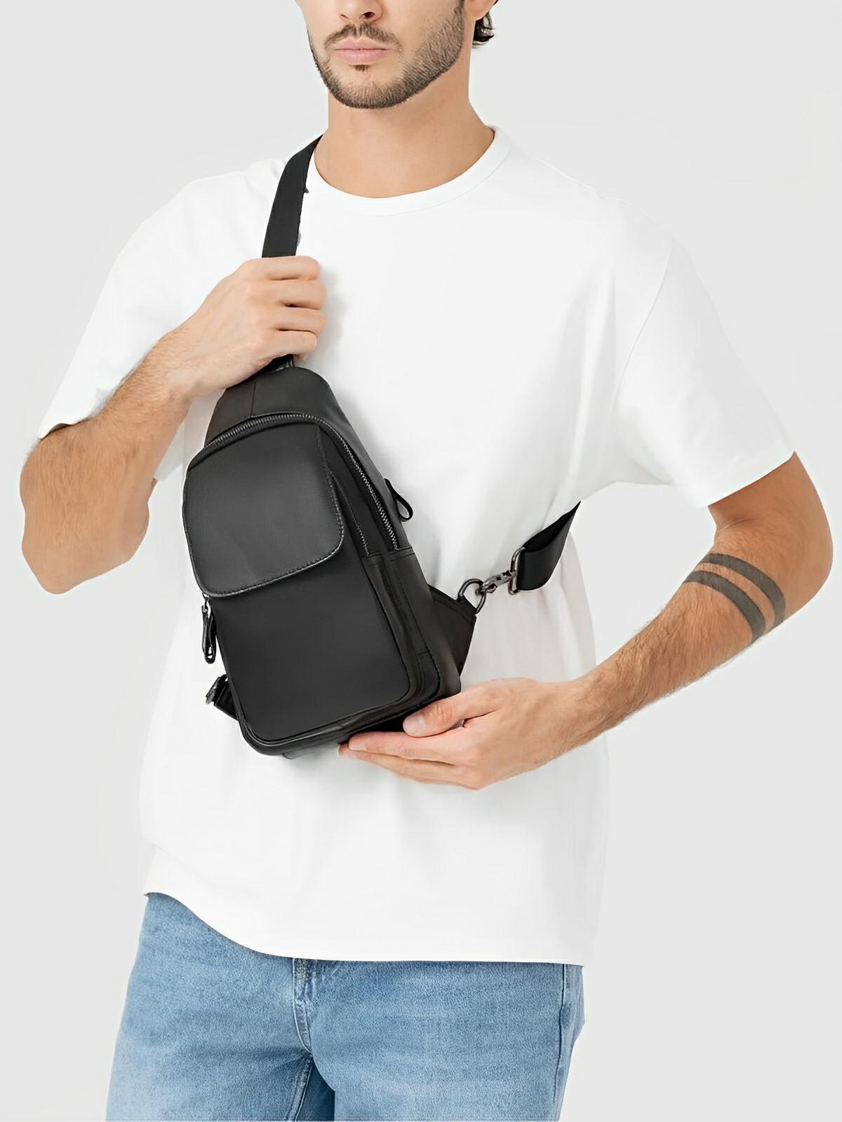 Sacoche de poitrine compact en cuir, rangement organisé et design moderne, modèle Saturnin - Sacoche - Noir