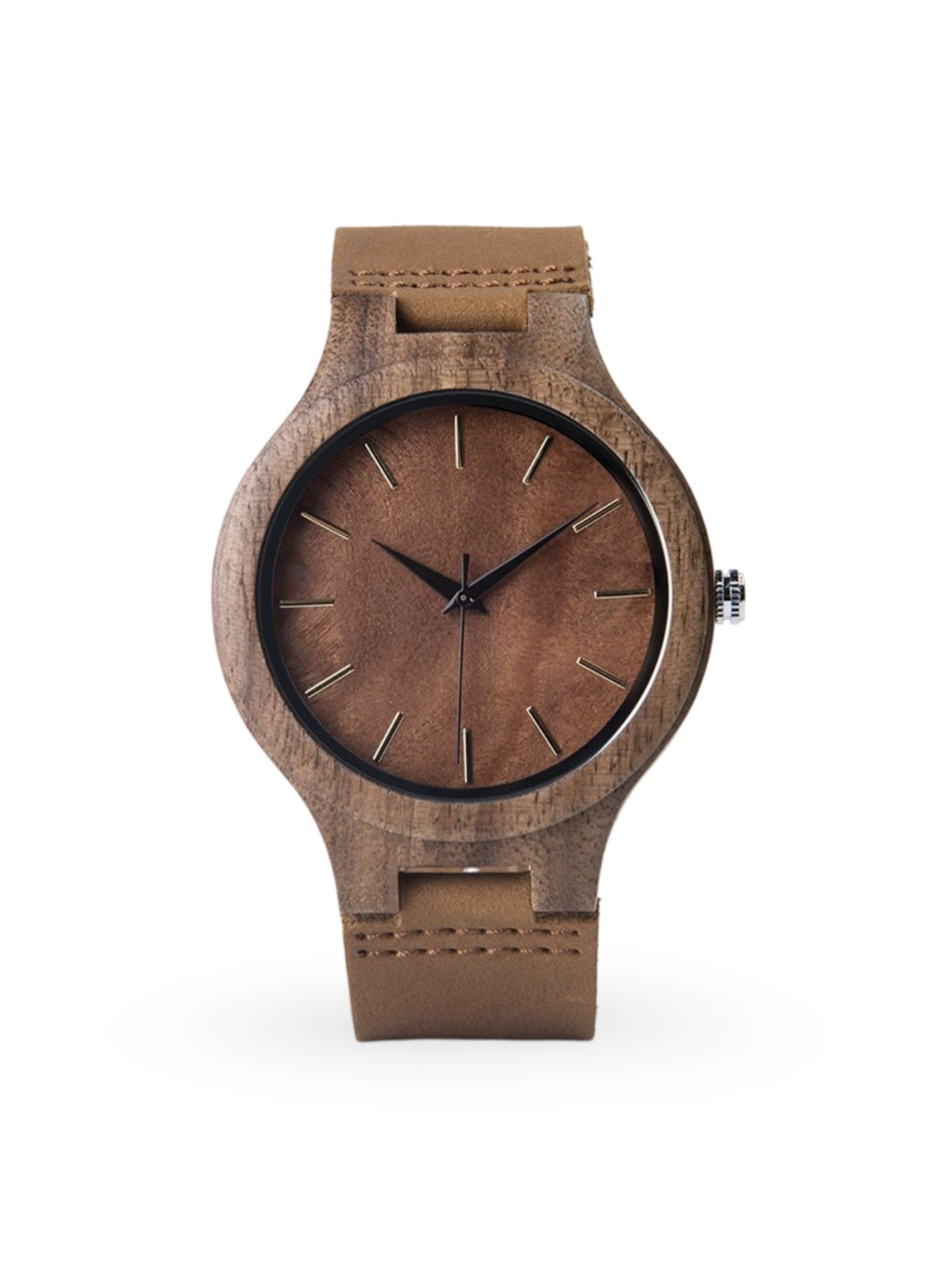 Wooden watch for men, minimalist dial, leather strap, quartz movement, natural style, Énole model