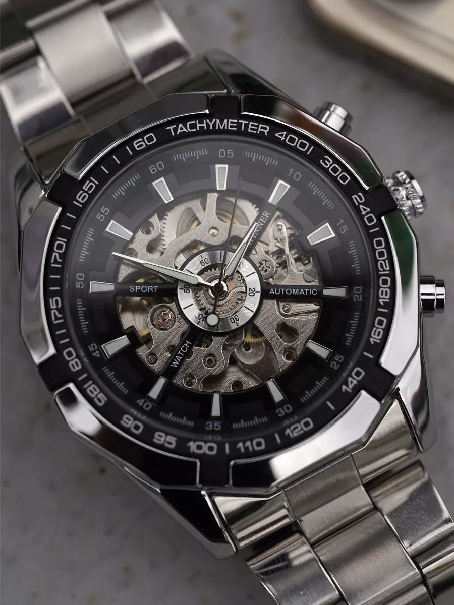 Automatic watch for men, mechanical skeleton, transparent dial, tachymeter, made of stainless steel, Sean model