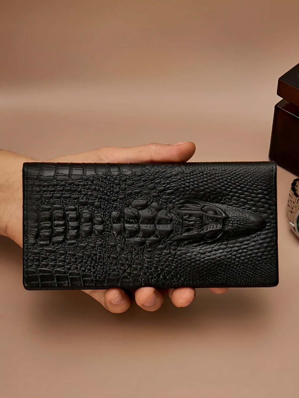 Portefeuille long cuir homme, texture crocodile, grande capacité, compartiments cartes et billets, modèle Sobek