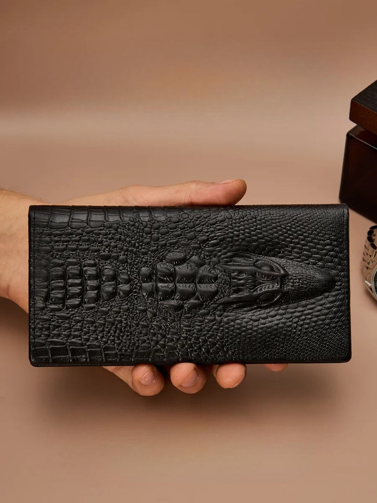 Long leather wallet for men, crocodile texture, large capacity, card and bill compartments, Sobek model