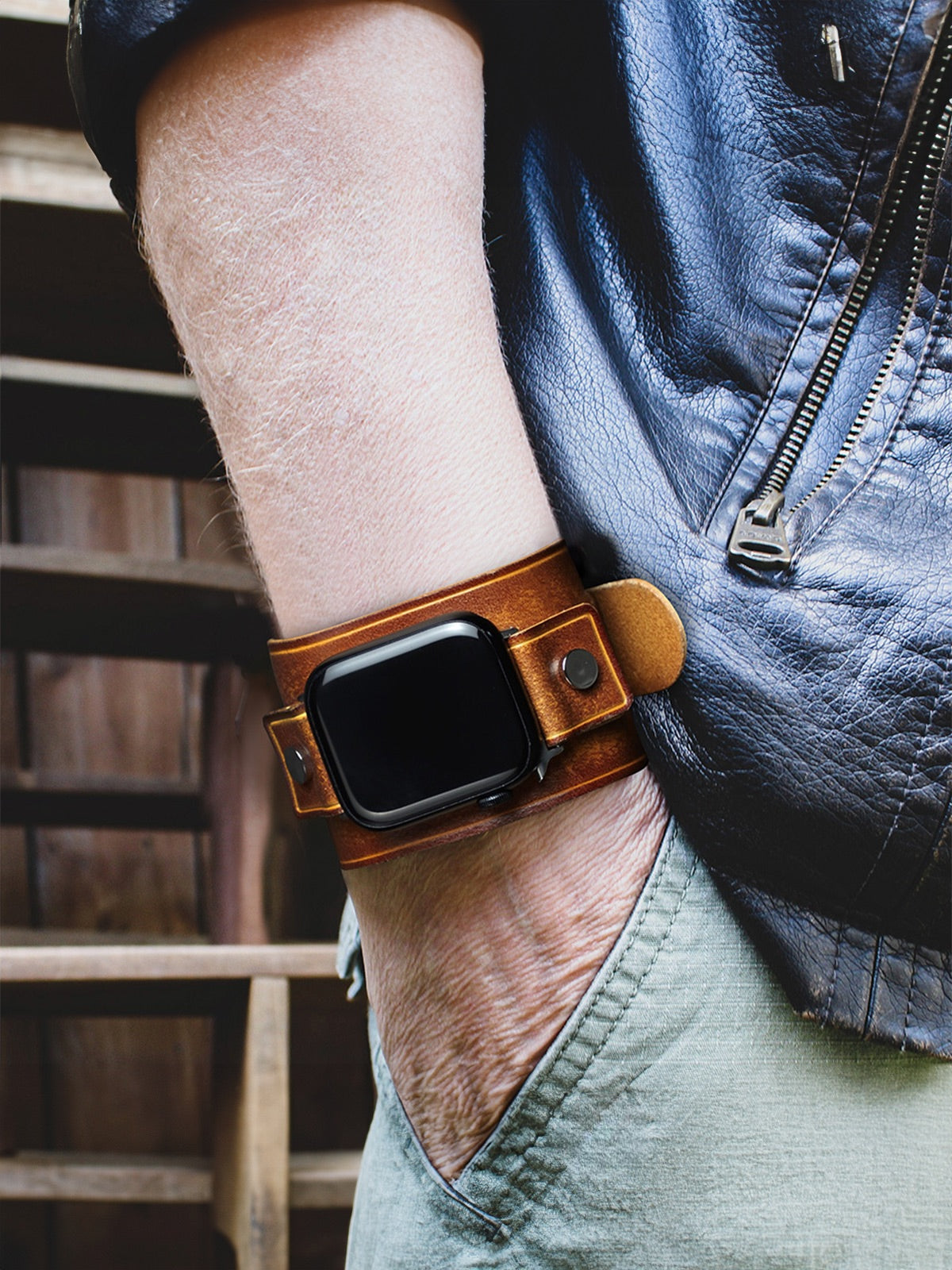 Bracelet large cuir Apple Watch, sangle vintage, cuir pleine fleur, design rétro, modèle Célian