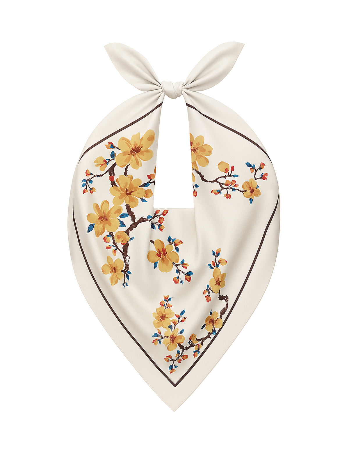 Foulard femme carré 90x90, imprimé floral jaune bleu, imitation satin soyeux, foulard de tête ou cou, accessoire chic printemps été, modèle Délima