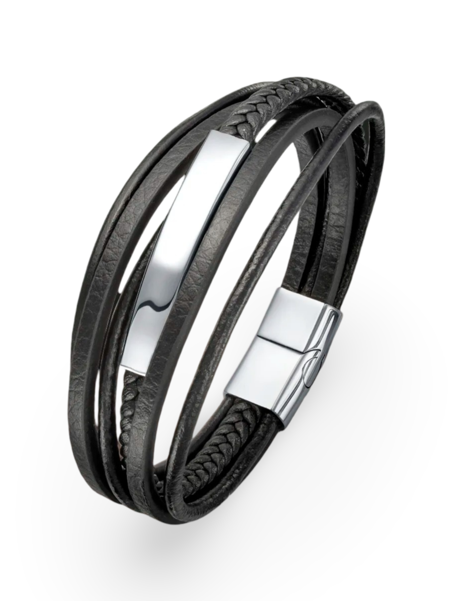 Multi-layer men's bracelet in black leather and stainless steel, magnetic clasp, Roney model