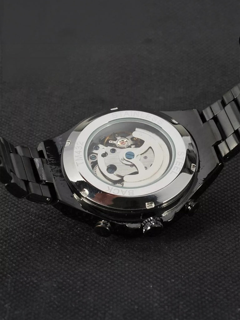 Montre squelette mécanique, cadran transparent, acier inoxydable, mouvement automatique, design luxueux, modèle Denzel