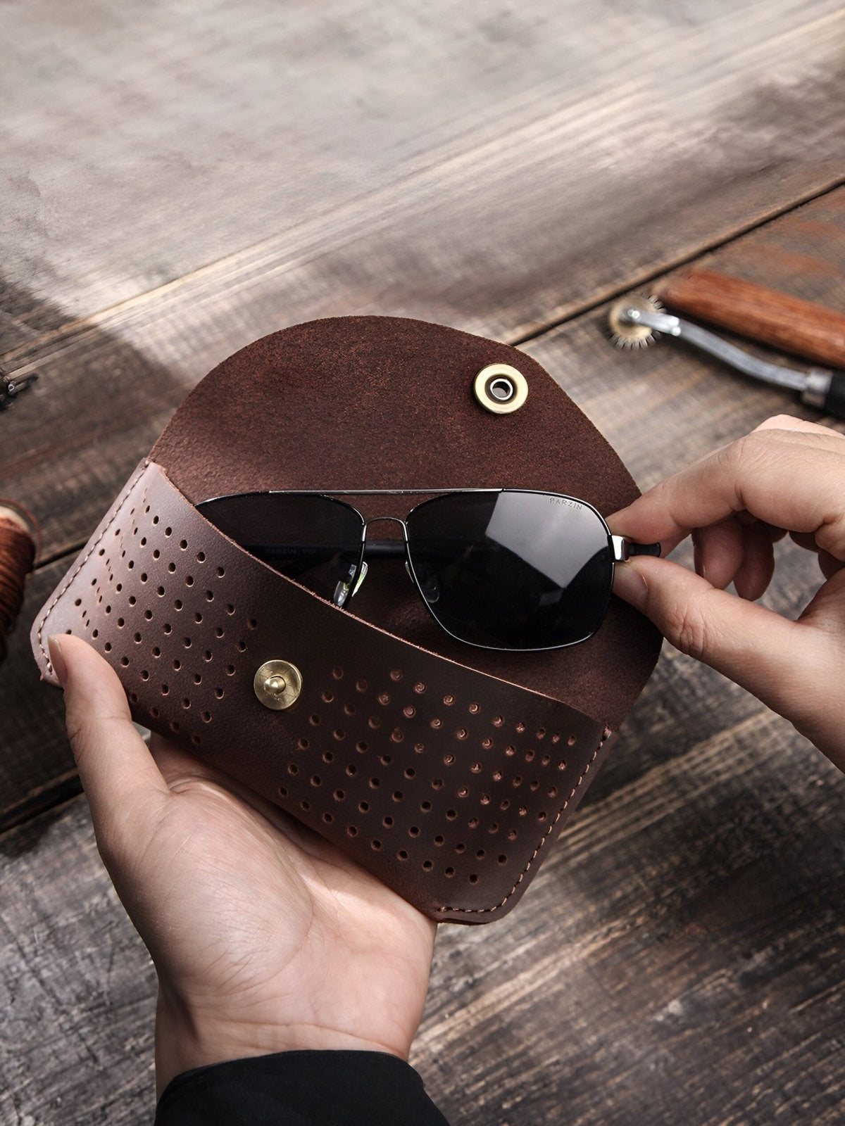 Glasses case, made of leather, practical appearance, perforated design, Ézéchias model