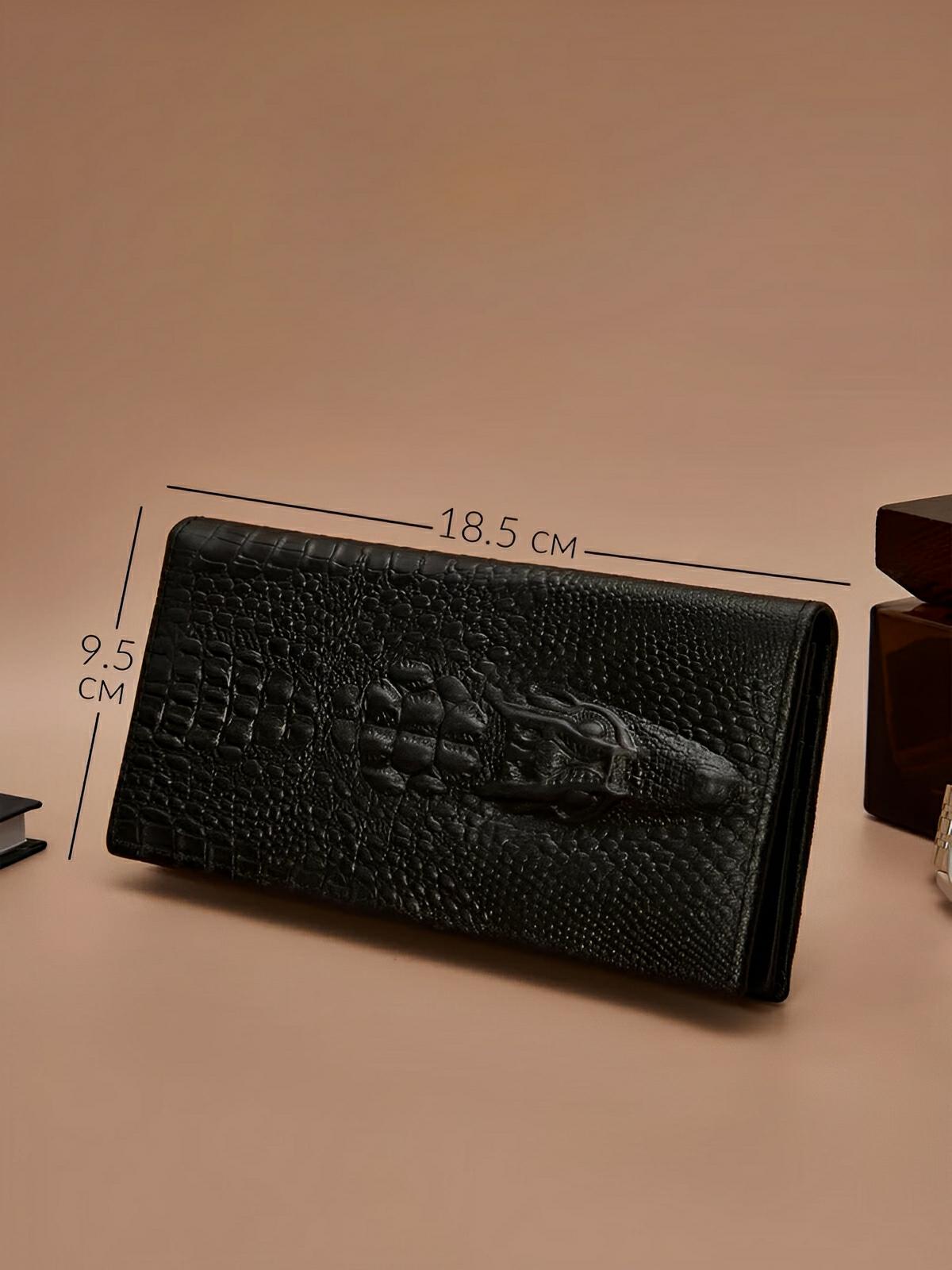 Portefeuille long cuir homme, texture crocodile, grande capacité, compartiments cartes et billets, modèle Sobek