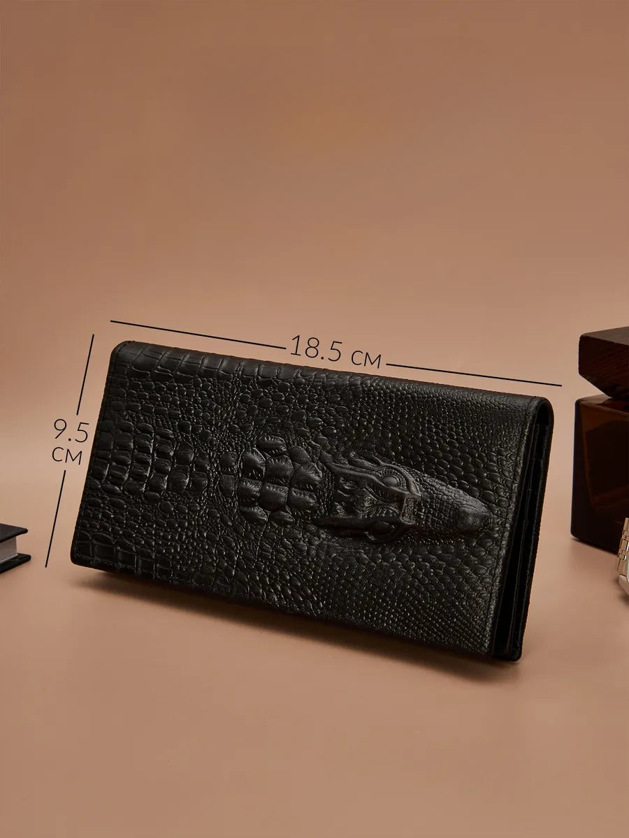 Long leather wallet for men, crocodile texture, large capacity, card and bill compartments, Sobek model