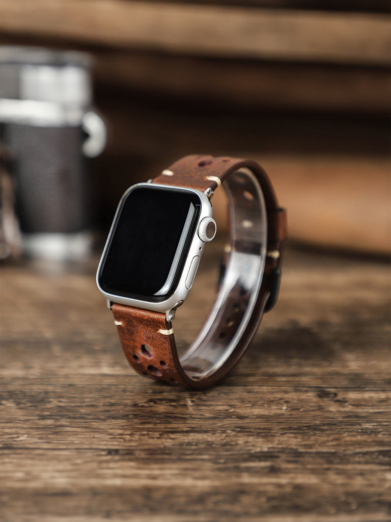 Armband Apple Watch aus vintage Leder, perforiertes Design, klassische Schnalle, Modell Lior