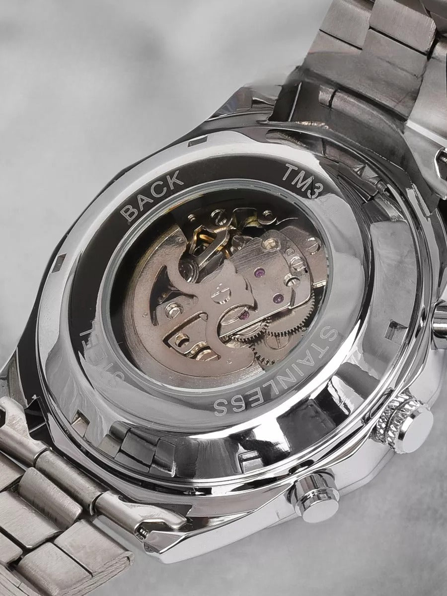 Automatic watch for men, mechanical skeleton, transparent dial, tachymeter, made of stainless steel, Sean model