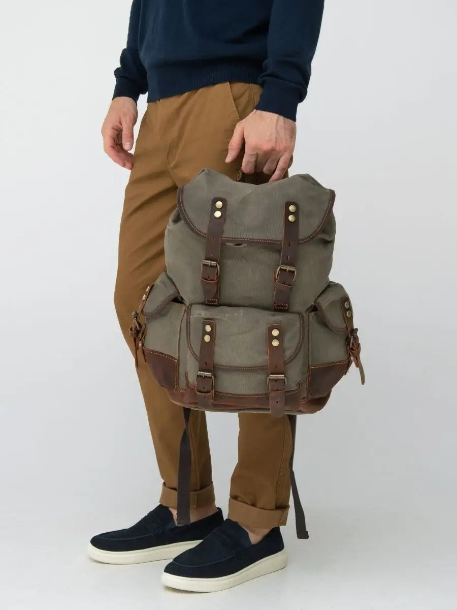 Sac à dos en toile cirée et cuir véritable, imperméable et spacieux, modèle Beltran