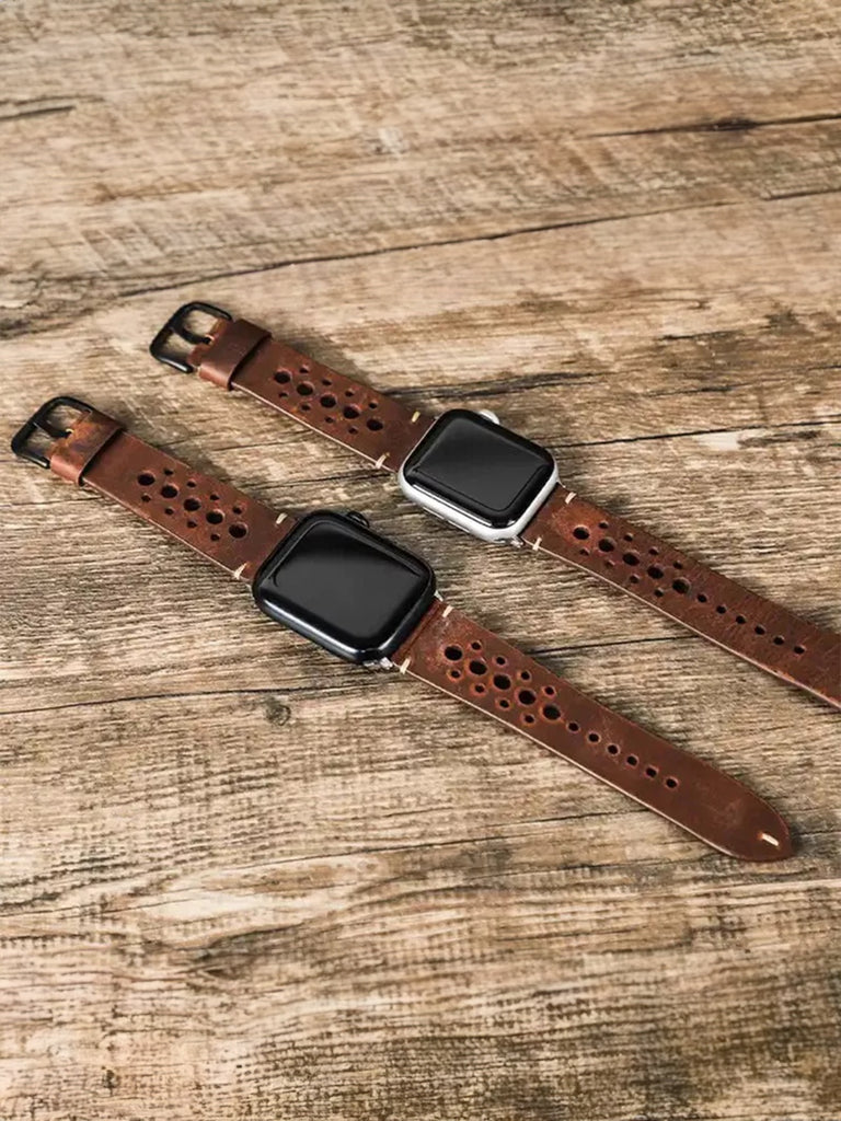 Vintage leather Apple Watch bracelet, perforated design, classic buckle, Lior model