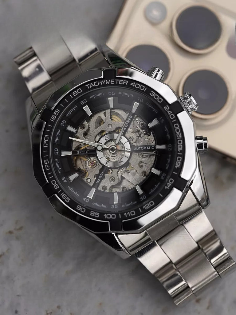 Automatic watch for men, mechanical skeleton, transparent dial, tachymeter, made of stainless steel, Sean model