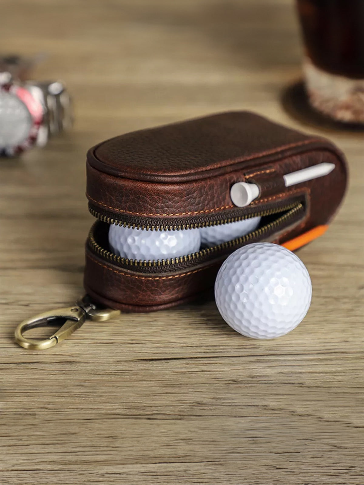 Golf ball and tee case, made of leather, portable everywhere, Ébrard model