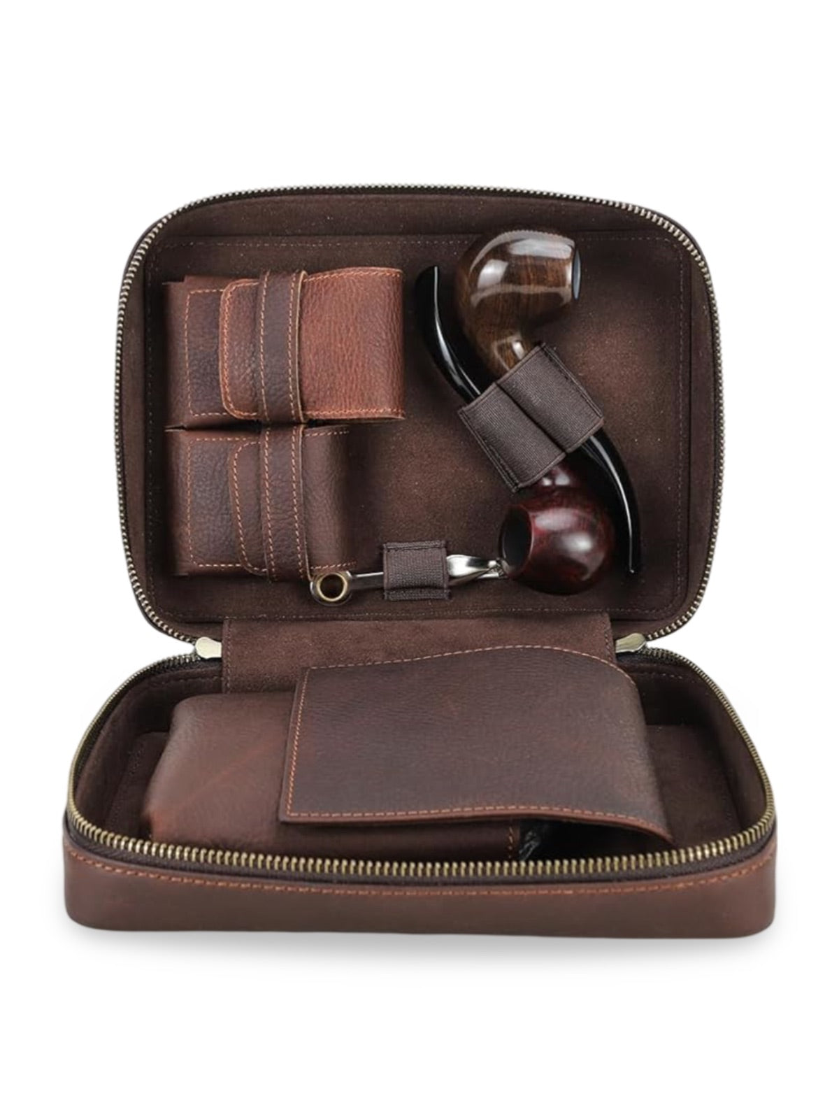 Pipe case, made of leather, numerous compartments, accessory for smokers, Adraste model