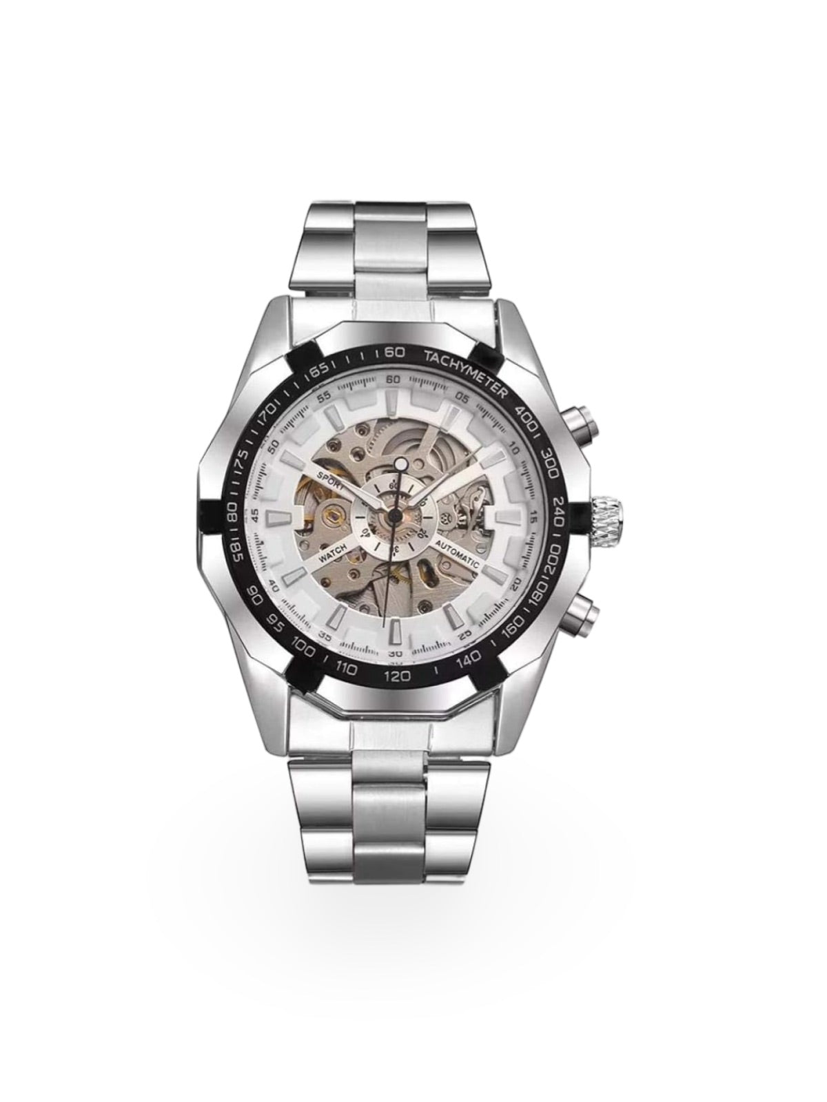 Automatic watch for men, mechanical skeleton, transparent dial, tachymeter, made of stainless steel, Sean model