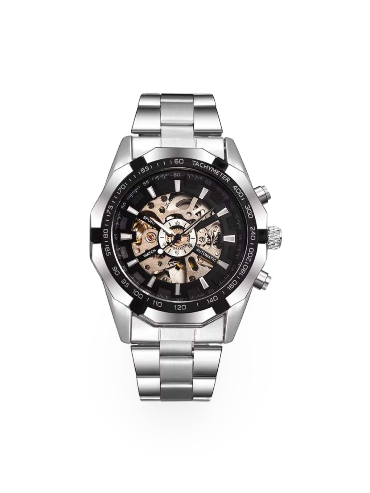 Automatic watch for men, mechanical skeleton, transparent dial, tachymeter, made of stainless steel, Sean model