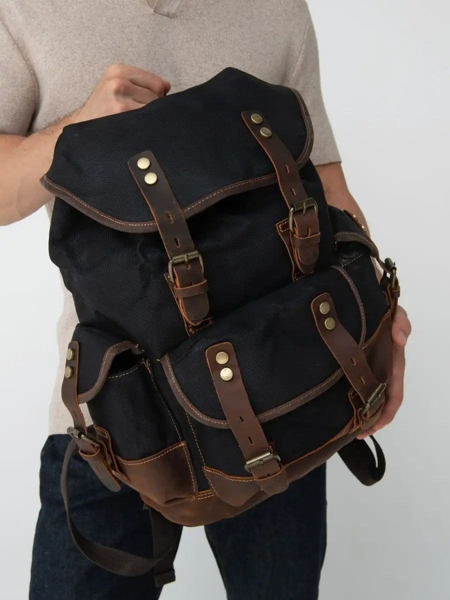 Sac à dos en toile cirée et cuir véritable, imperméable et spacieux, modèle Beltran