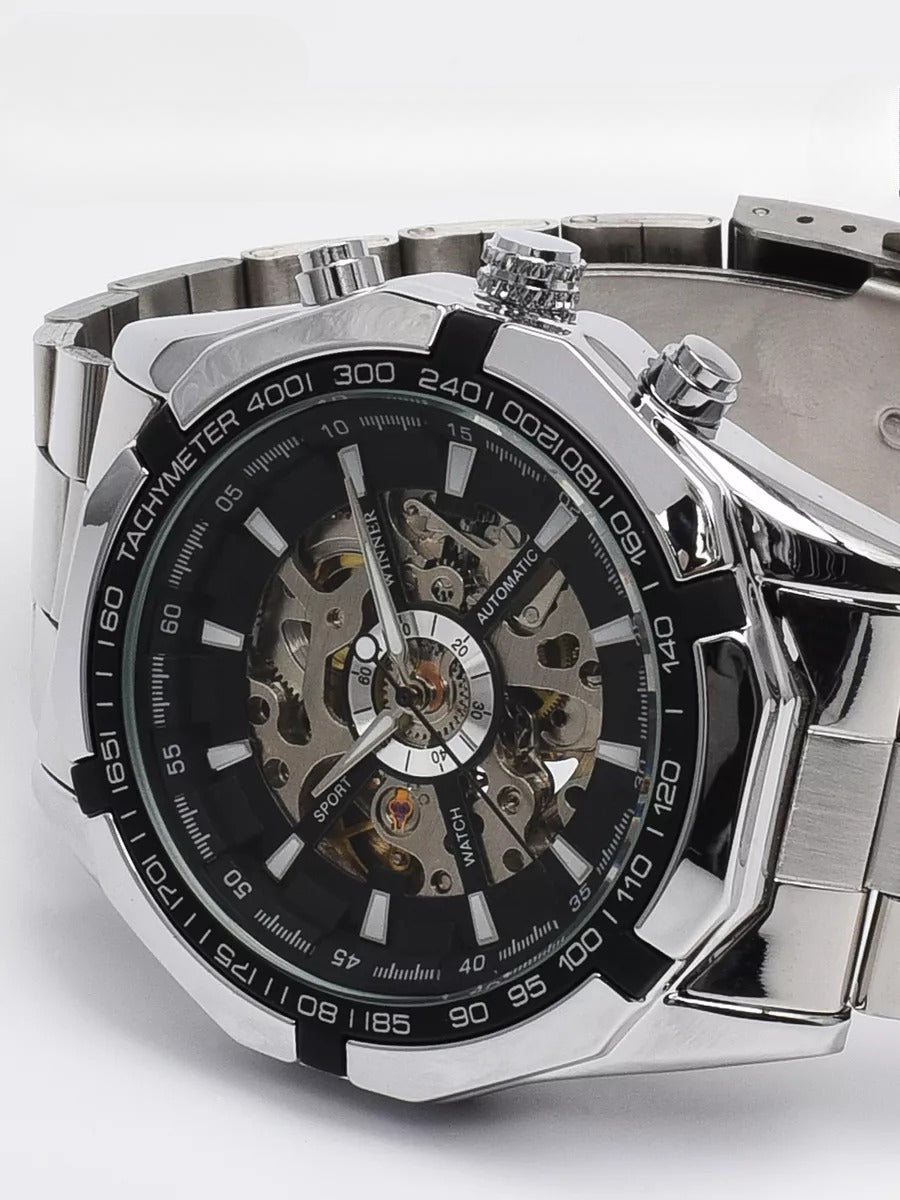 Automatic watch for men, mechanical skeleton, transparent dial, tachymeter, made of stainless steel, Sean model