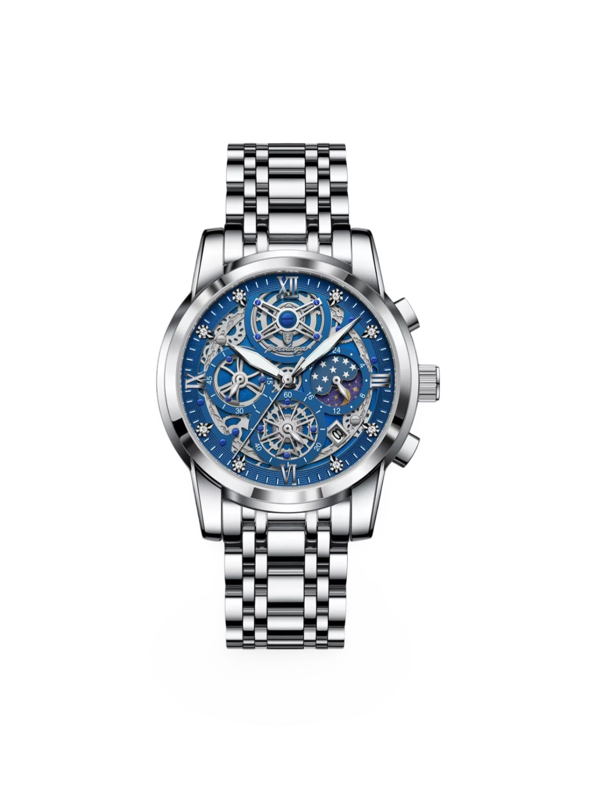 Montre homme squelette, chronographe, acier inoxydable, cadran bleu, en acier inoxydable, modèle Smith