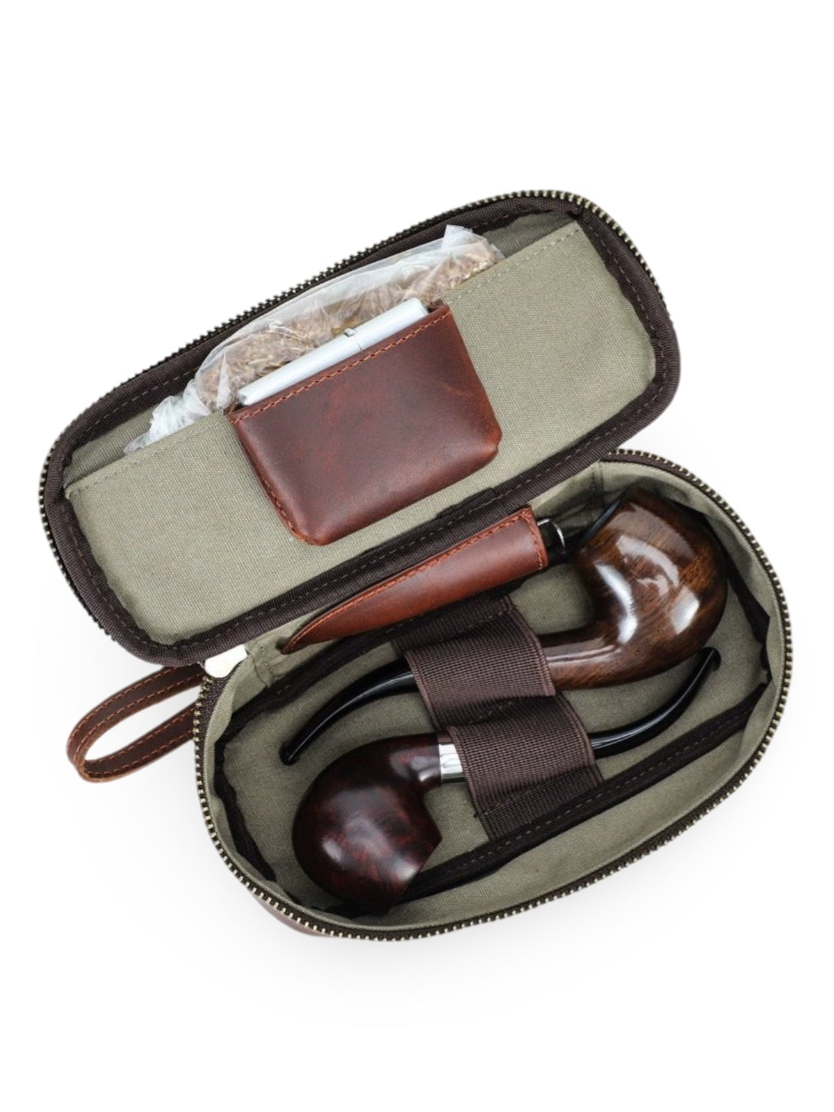 Pipe case, made of leather, refined and organized, Riquier model