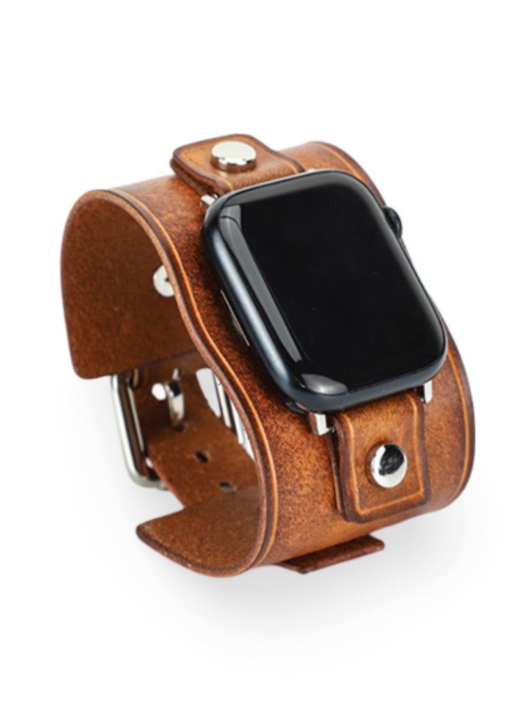 Bracelet large cuir Apple Watch, sangle vintage, cuir pleine fleur, design rétro, modèle Célian