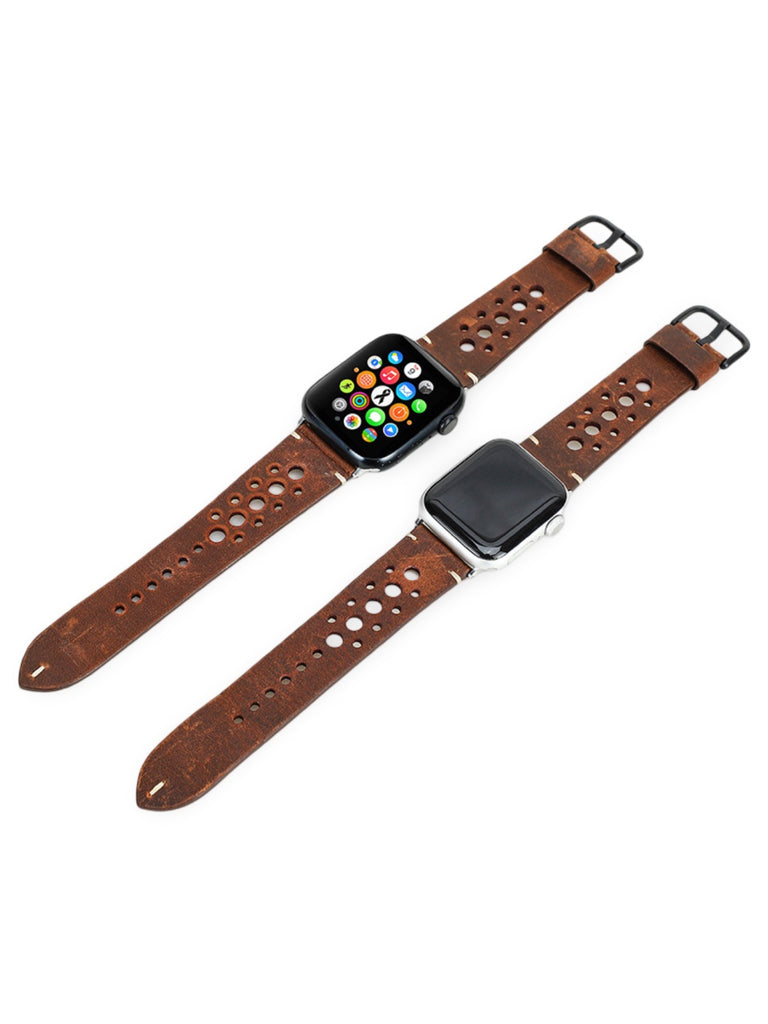 Bracelet Apple Watch cuir vintage, design perforé, boucle classique, modèle Lior