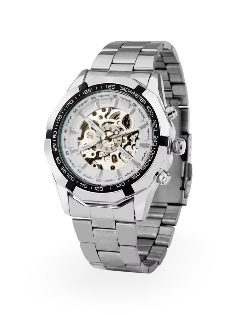 Automatic watch for men, mechanical skeleton, transparent dial, tachymeter, made of stainless steel, Sean model