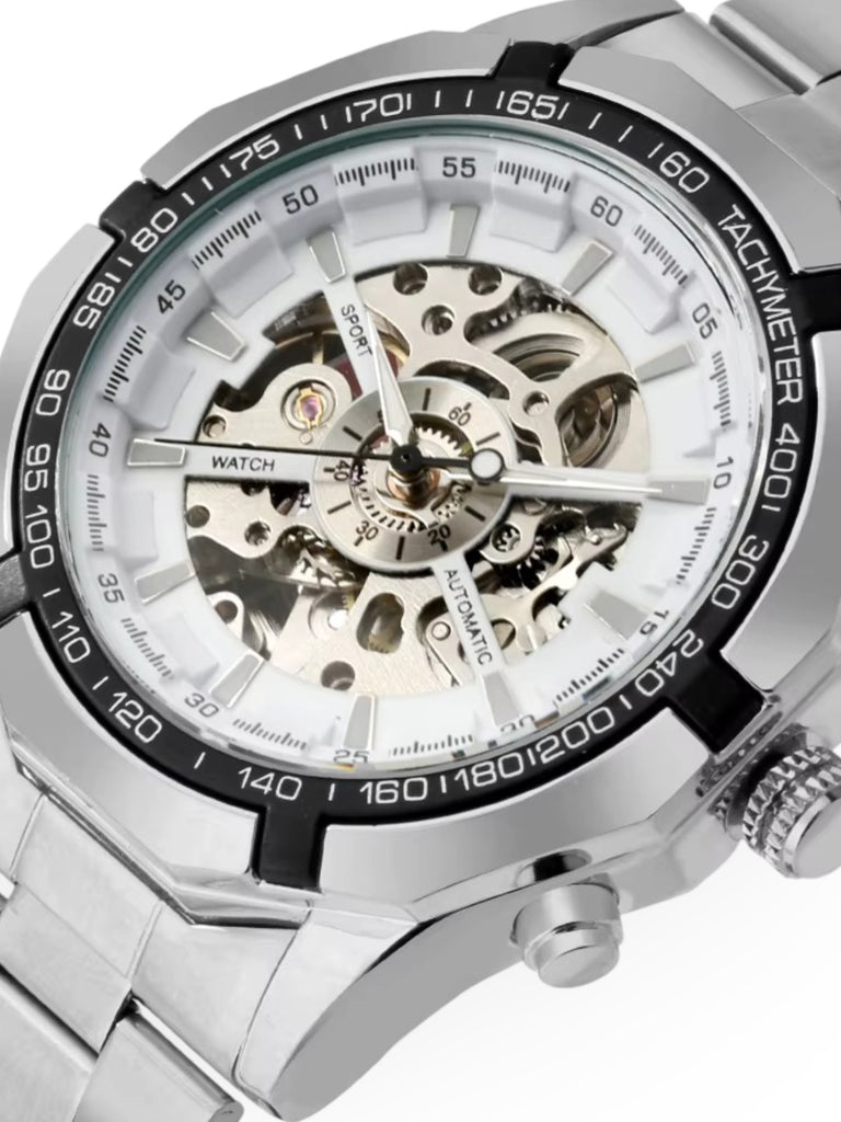 Automatic watch for men, mechanical skeleton, transparent dial, tachymeter, made of stainless steel, Sean model