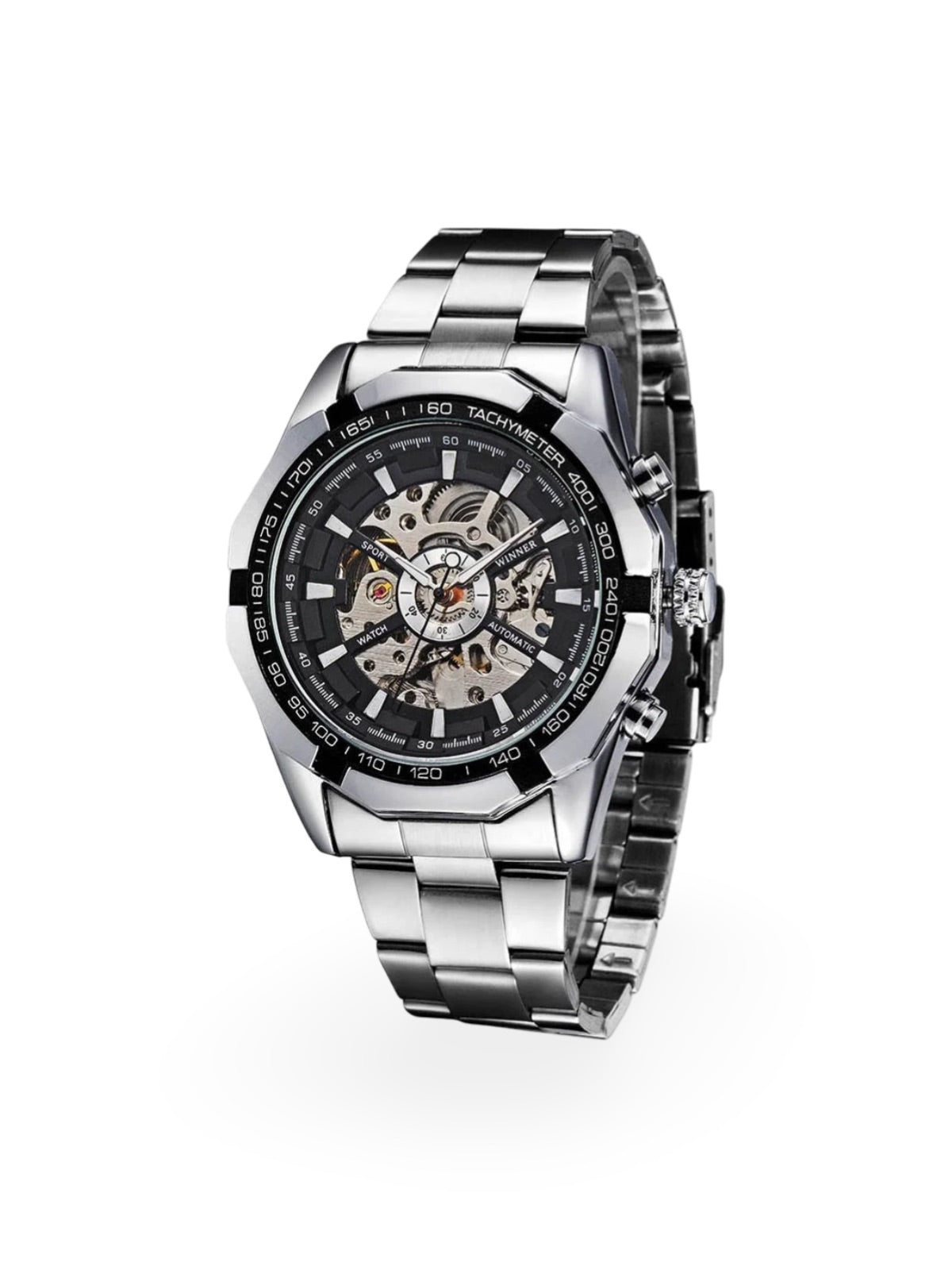 Automatic watch for men, mechanical skeleton, transparent dial, tachymeter, made of stainless steel, Sean model