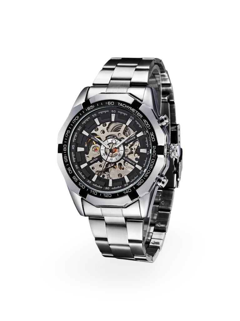 Automatic watch for men, mechanical skeleton, transparent dial, tachymeter, made of stainless steel, Sean model