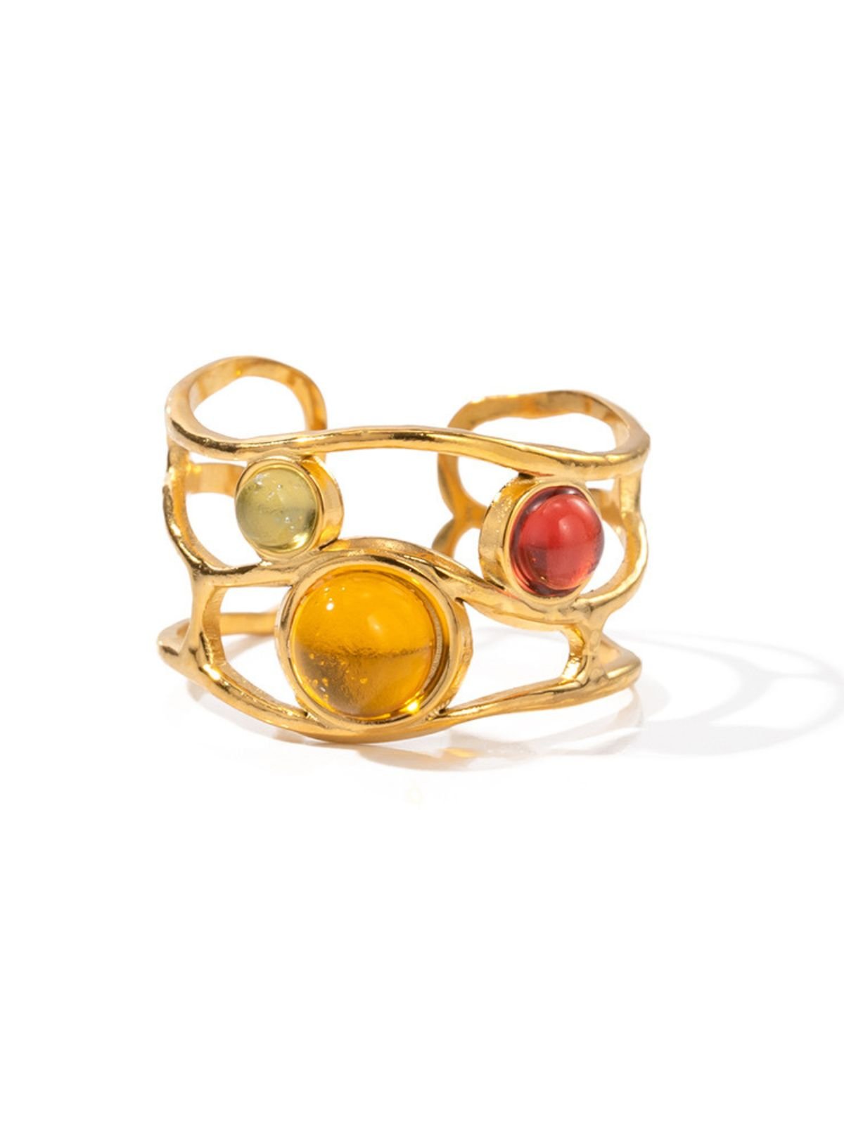 Bague ajustable femme, design solaire, pierres colorées, bague dorée, style géométrique, modèle Pamela - Bague - Or