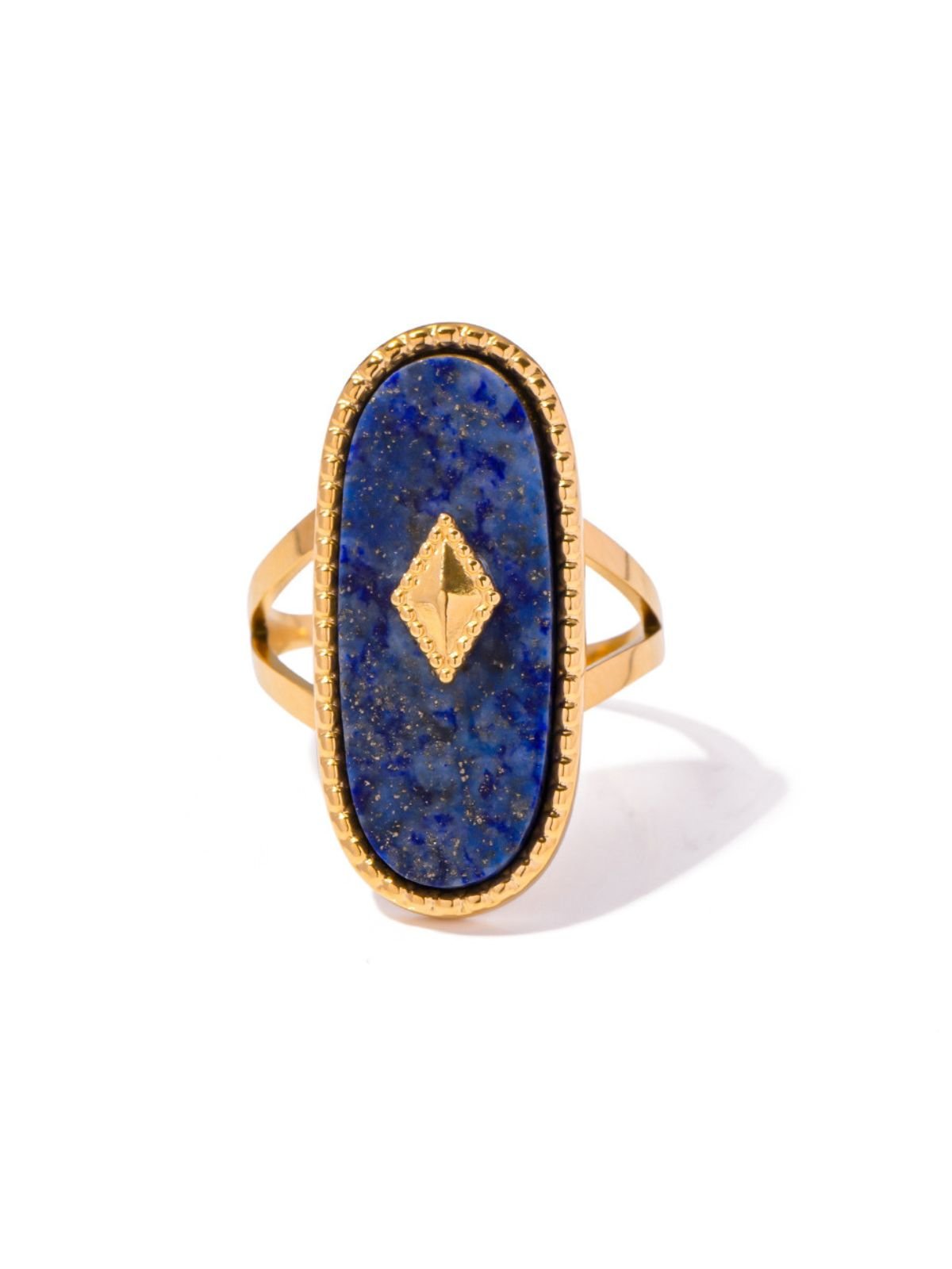 Bague bleu nuit en lapis lazuli et acier inoxydable, pierre naturelle, doré or 18K, style géométrique, réglable, modèle Ermie - Bague - Or
