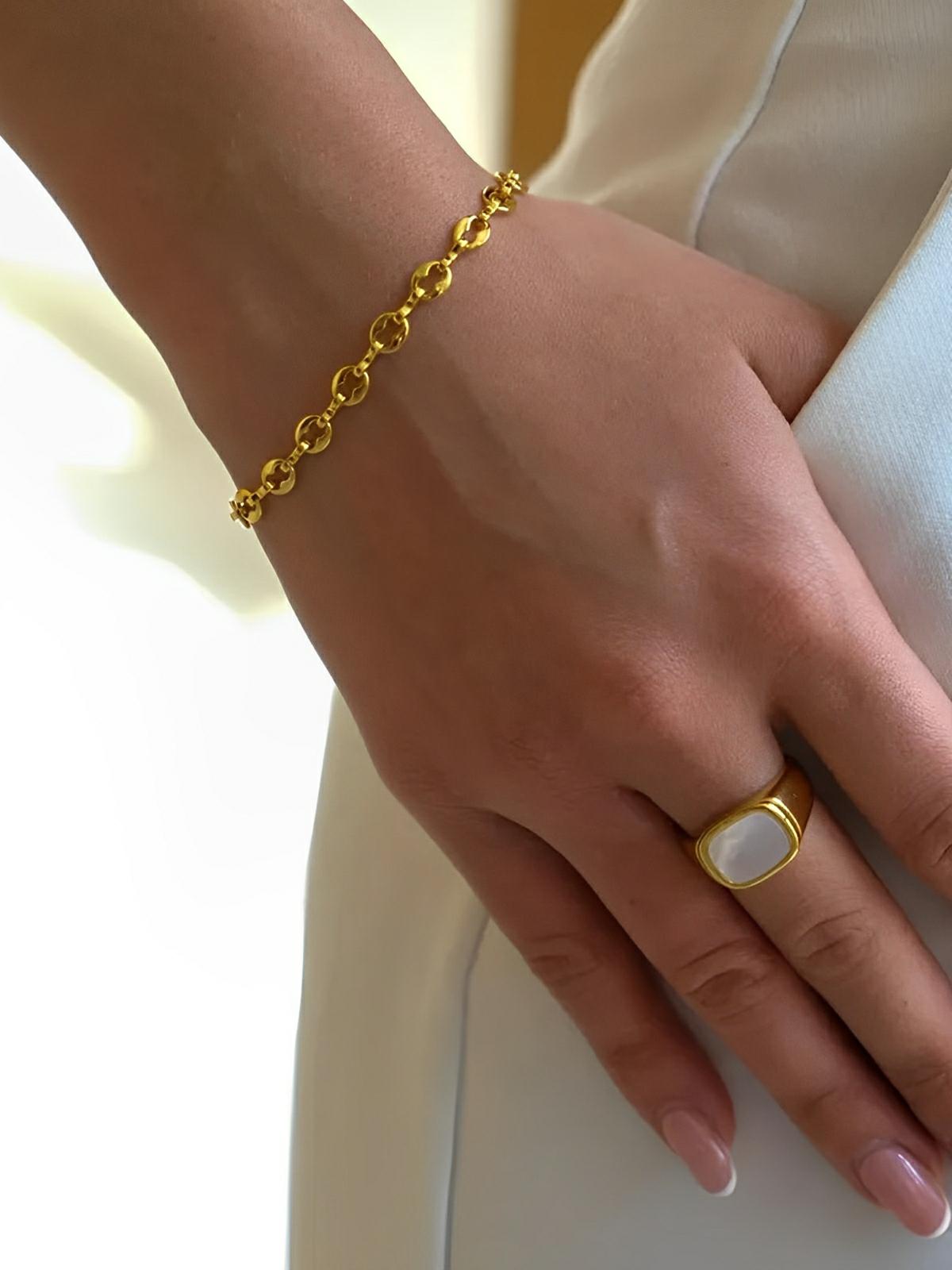 Bague carrée acier inoxydable, or 18K, femme, anneau géométrique, effet nacre, tendance, moderne, modèle Ivanah - Bague - Or + Blanc XXS