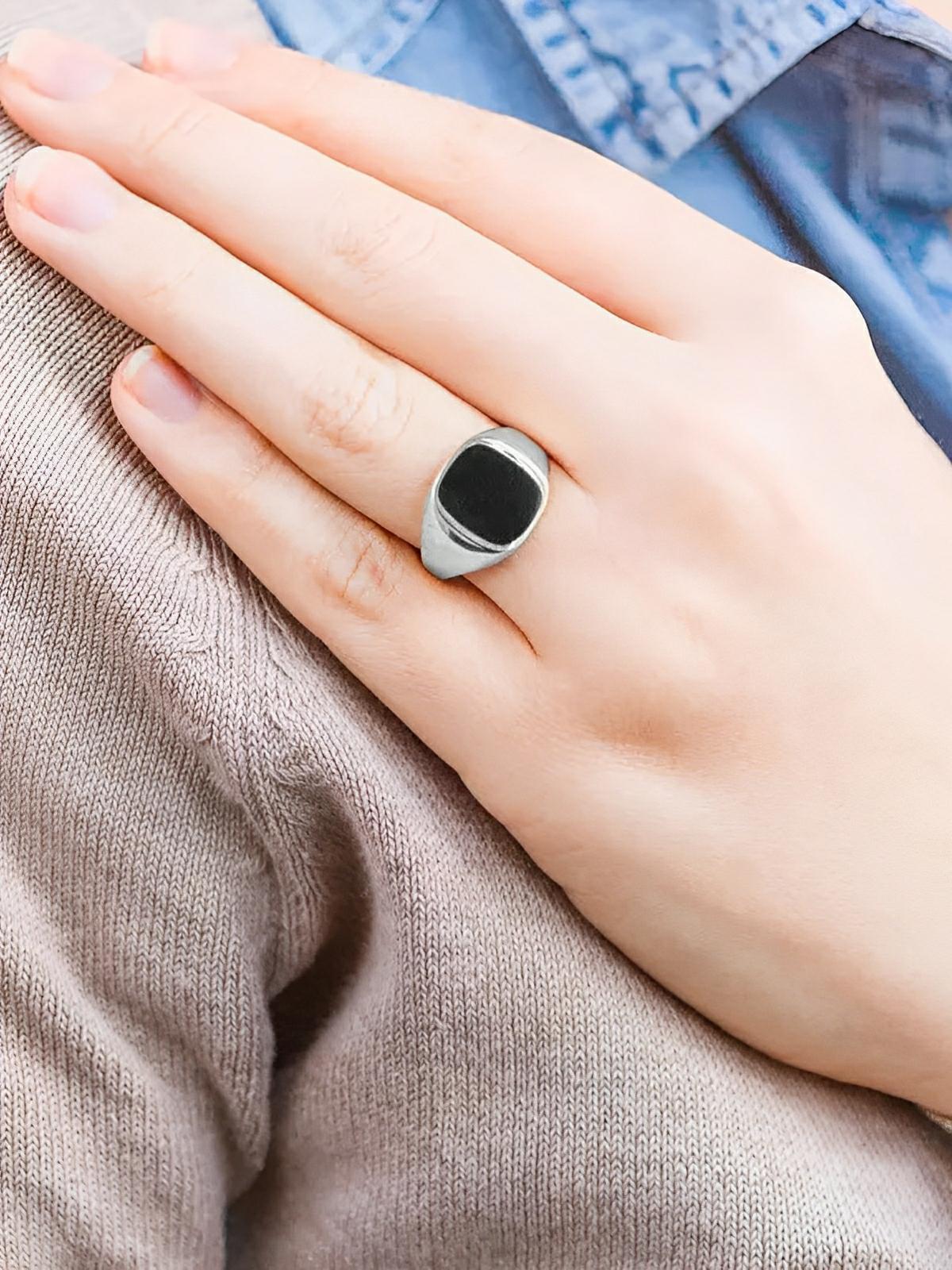 Bague carrée acier inoxydable, or 18K, femme, anneau géométrique, effet nacre, tendance, moderne, modèle Ivanah - Bague - Argent + Noir XXS