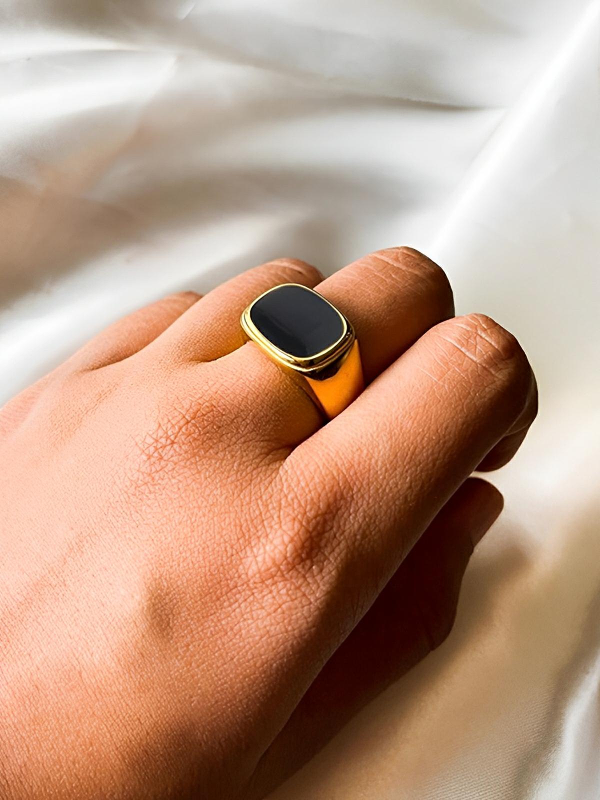 Bague carrée acier inoxydable, or 18K, femme, anneau géométrique, effet nacre, tendance, moderne, modèle Ivanah - Bague - Or + Noir XXS
