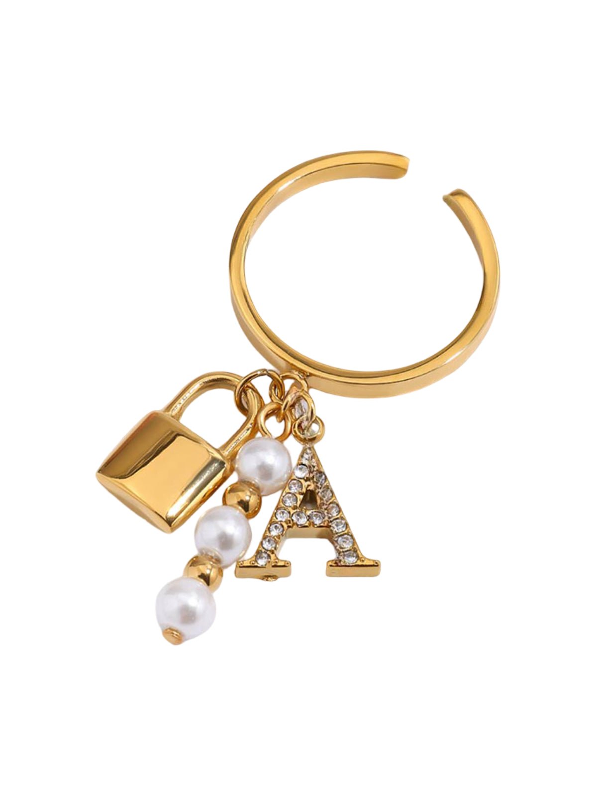 Bague doré acier inoxydable, breloques perle, cadenas, lettre strass, waterproof, bijou fantaisie femme, modèle Ayla - Bague - Or