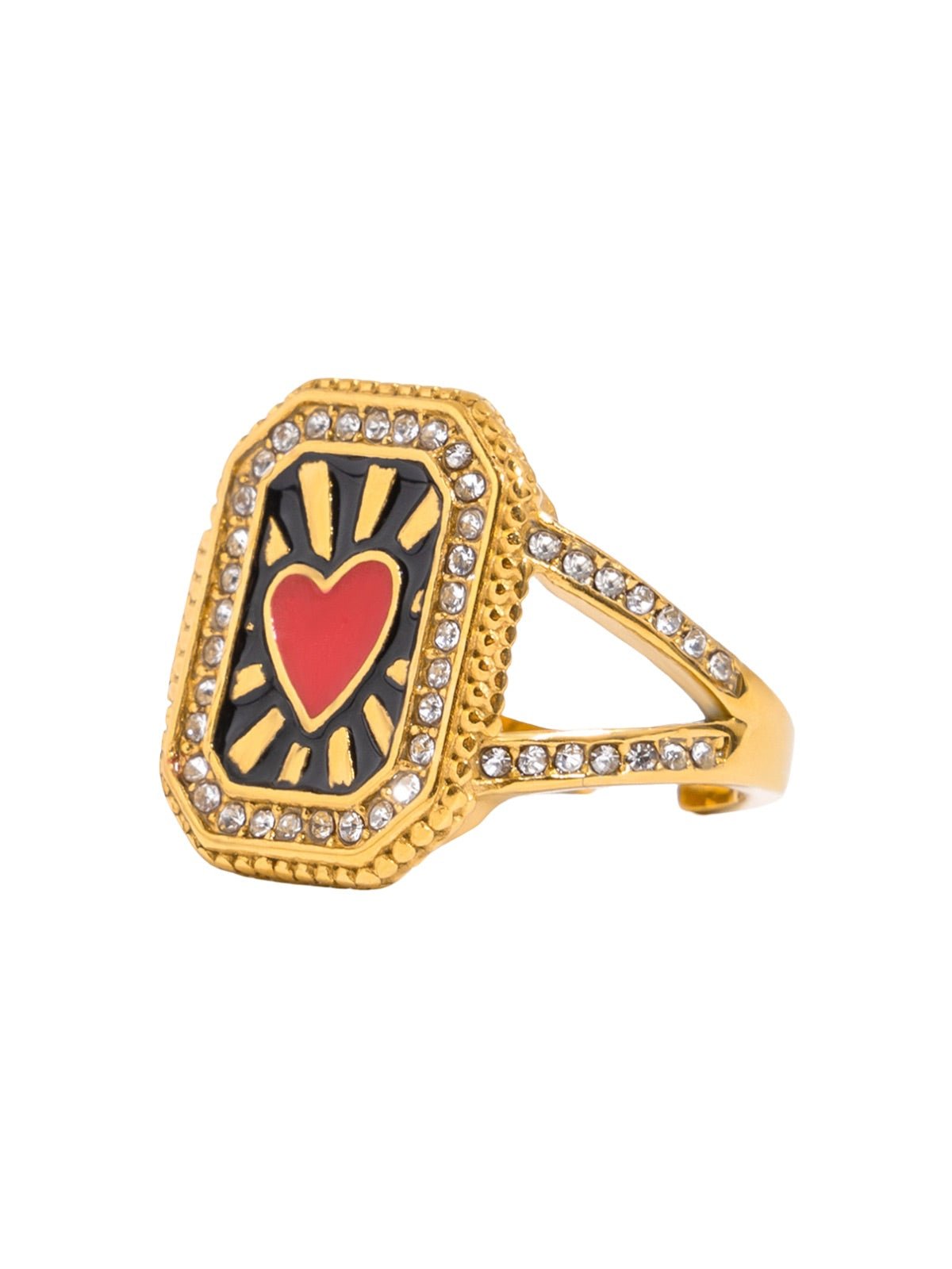 Bague dorée colorée, motif cœur, soleil, cactus, strass scintillants, palmier, sunshine, acier inoxydable, modèle Éponie - Bague - Style 1