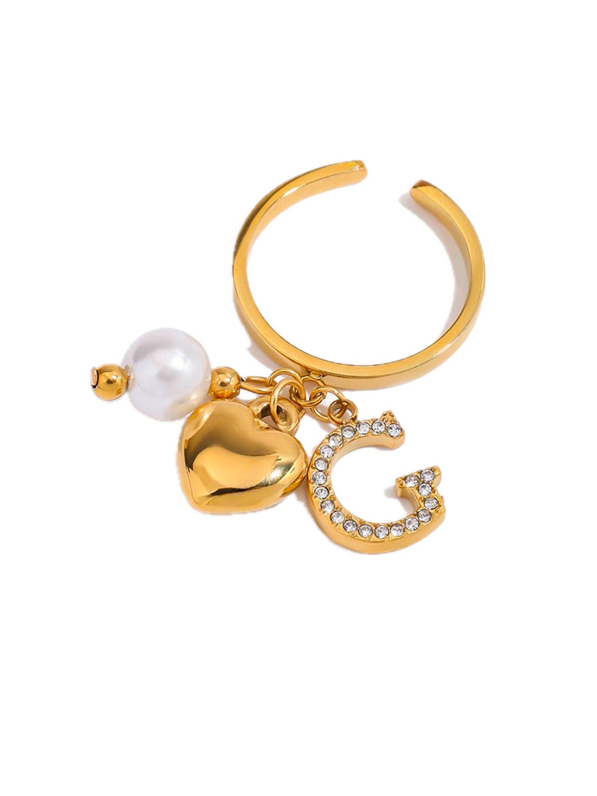 Bague dorée en acier inoxydable, breloques perle et cœur, waterproof, lettre strassée, ajustable, modèle Ellie - Bague - Or