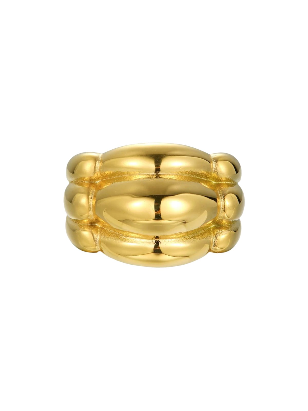 Bague dorée large femme, style géométrique, finition or brillant, titane hypoallergénique, triple volume bombé, modèle Ikla - Bague - Or XS