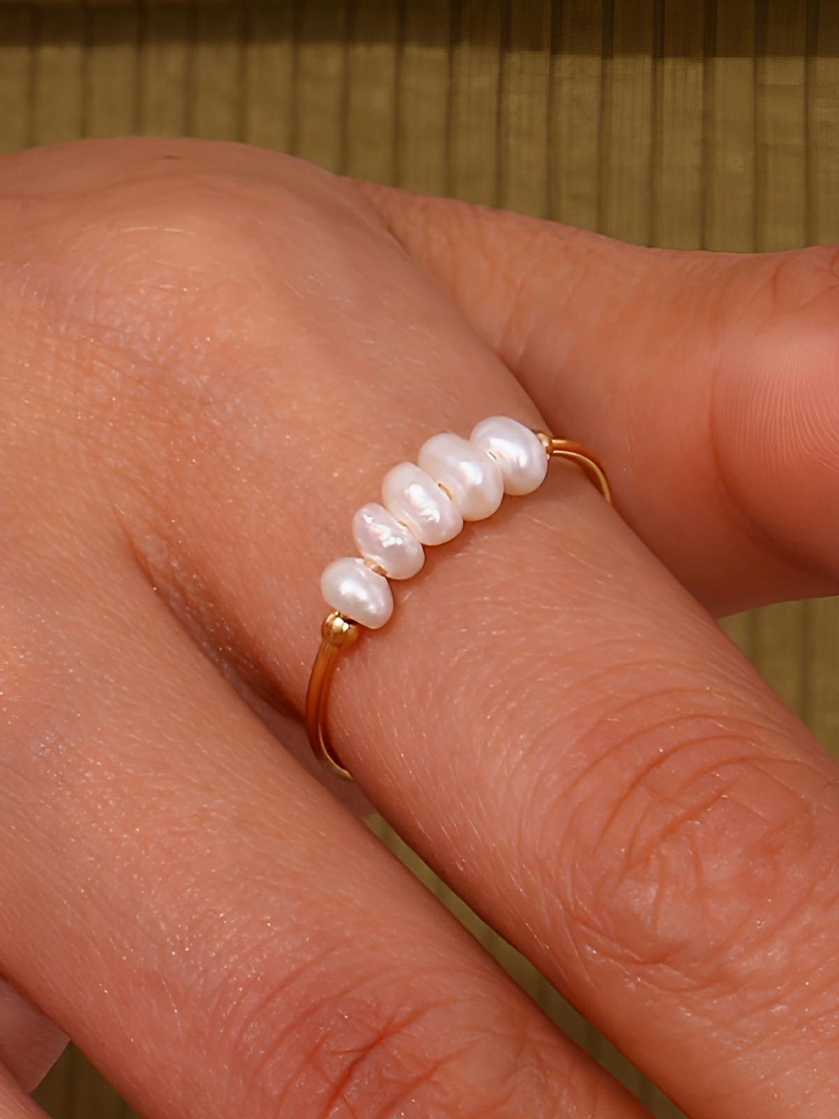 Bague femme acier inoxydable, perle baroque naturelle, anneau ajustable, bijoux acier titane, style luxe léger, modèle Ilyana - Bague - Or XXS