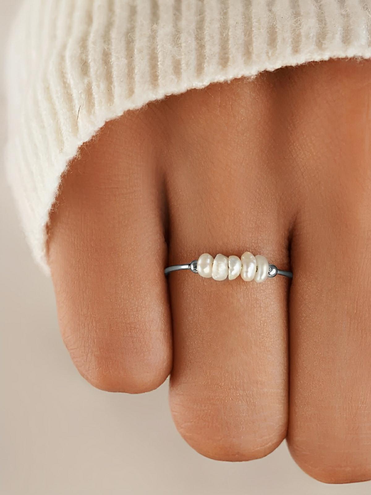 Bague femme acier inoxydable, perle baroque naturelle, anneau ajustable, bijoux acier titane, style luxe léger, modèle Ilyana - Bague - Argent XXS