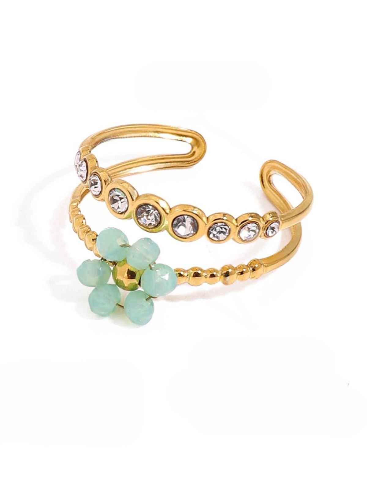 Bague fleur cristal, bague ajustable dorée, bague femme colorée, bague double rang, bague acier inoxydable, modèle Ginette - Bague - Vert
