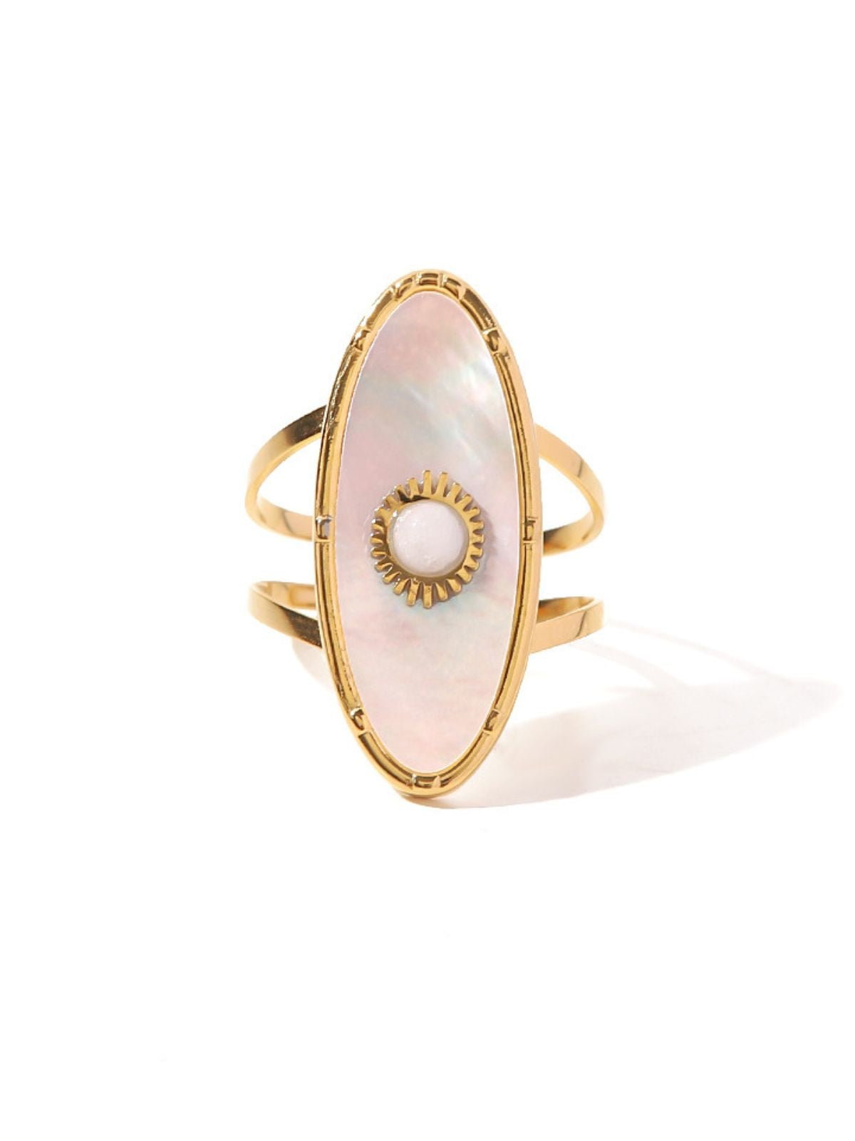 Bague nacre dorée, anneau ouvert, pierre ronde, géométrie chic, bijou tendance, modèle Madeleine - Bague - Or